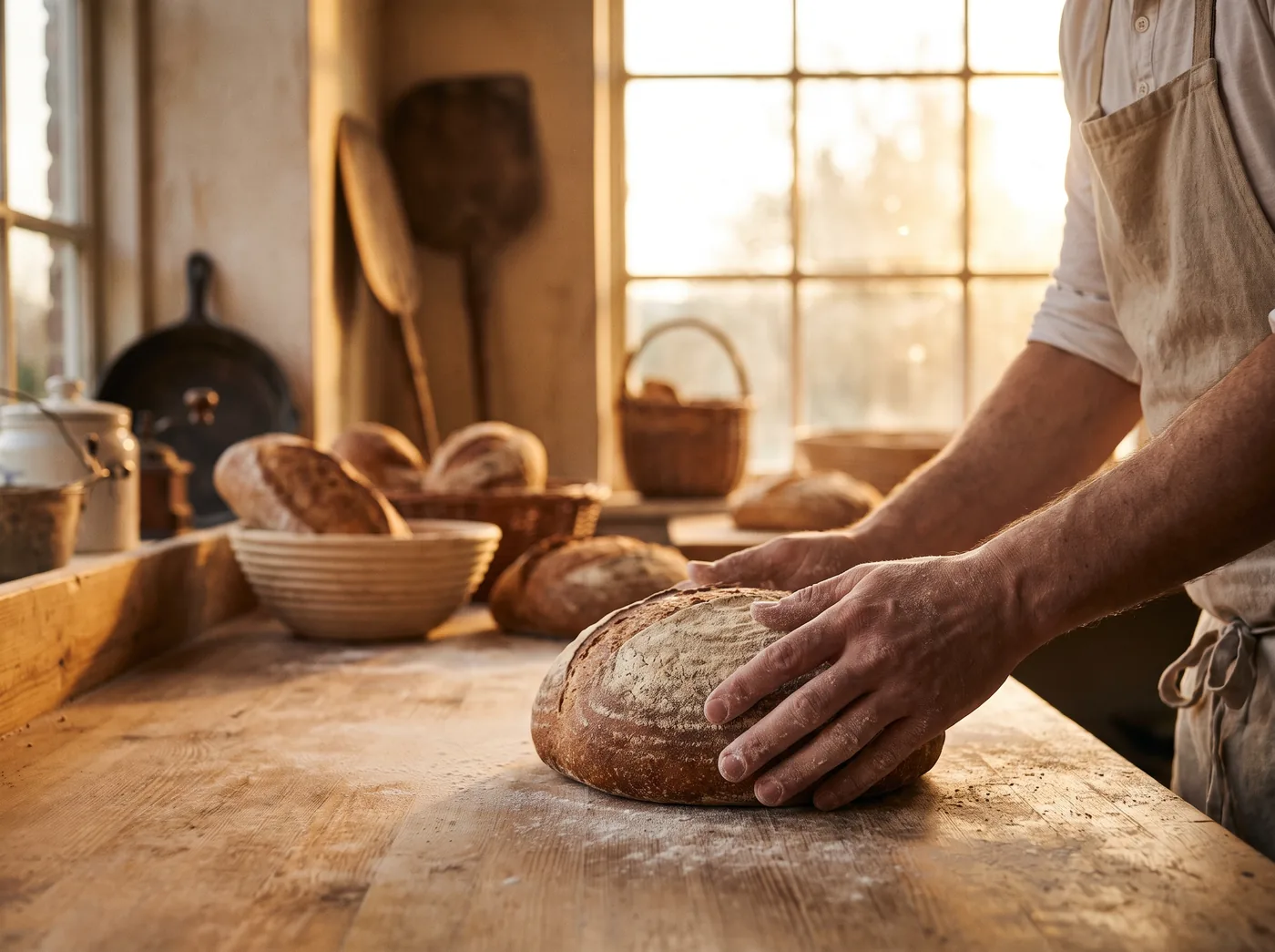 Padeiro do Forno Lento modelando à mão um pão de fermentação natural sobre a mesa de madeira, ao amanhecer