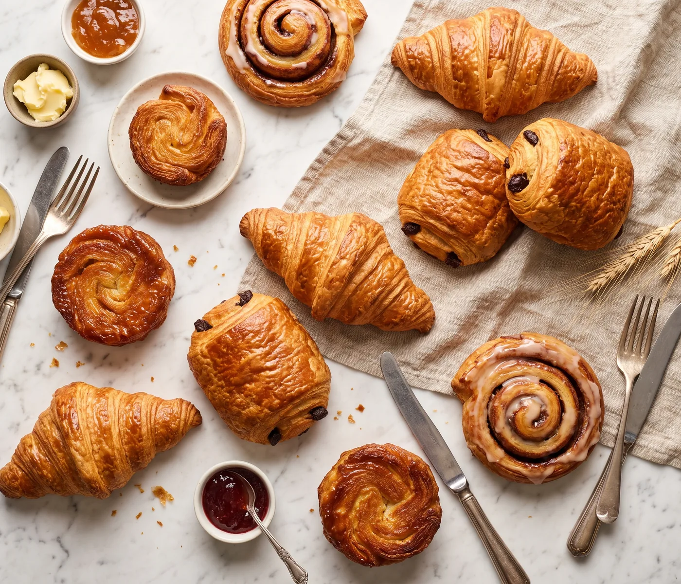 Croissants, pain au chocolat, cinnamon rolls e kouign-amann dispostos sobre mármore, com manteiga e geleia ao lado