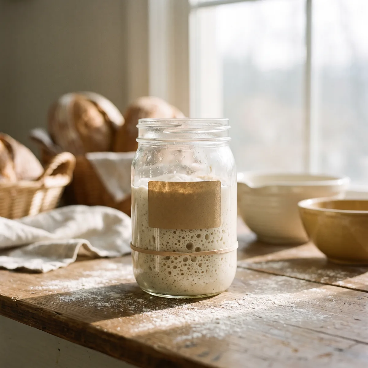 Pote de vidro com o levain Aurora, a massa madre que fermenta todos os pães da casa